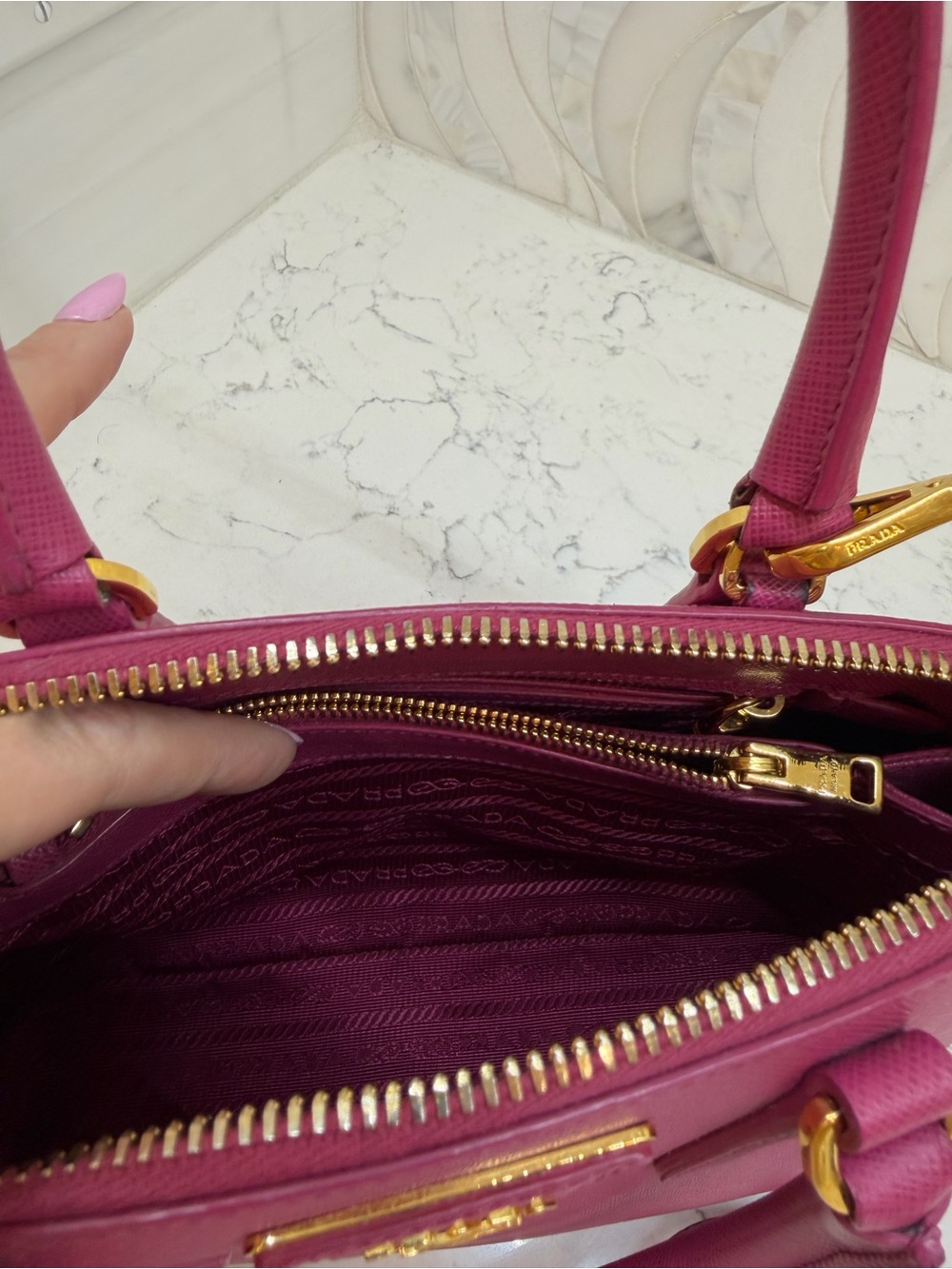 Prada Magenta Saffiano Mini Pyramid Bag with Gold Hardware. Excellent pre-loved. - Picture 10 of 15